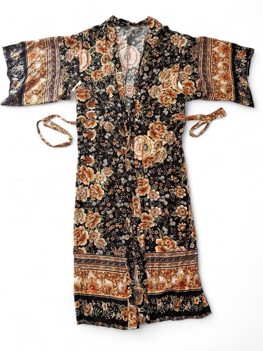 Boho Floral Kimono Cardigan Duster Black Rust Size S